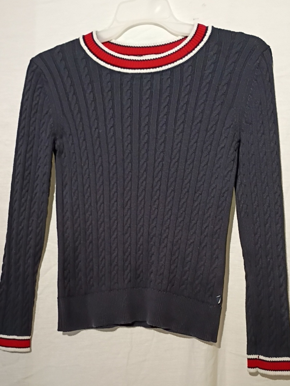 Navy Cotton Crewneck Cable Knit Cropped Sweater with Red-Trim Detail, Sz 4, NWOT